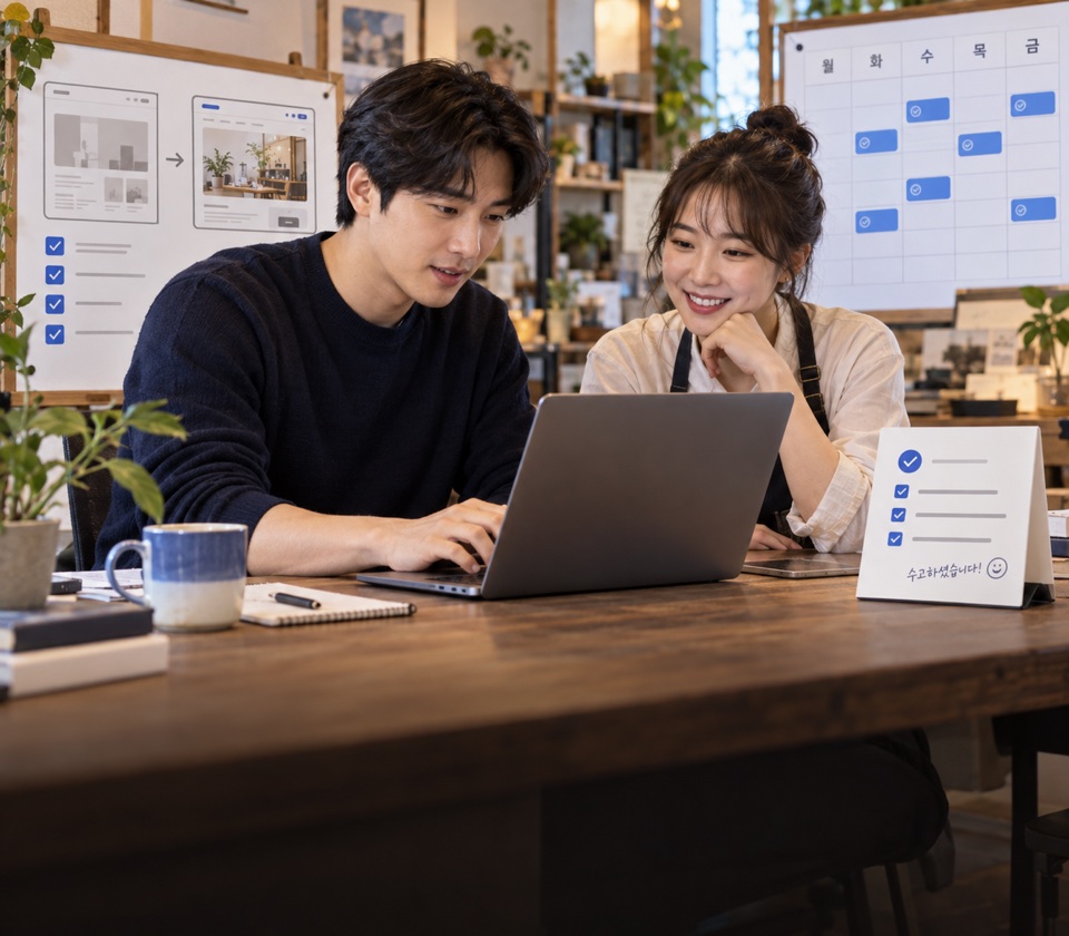 개발자가 매장 운영자와 노트북으로 사이트 개선 작업을 하는 모습
